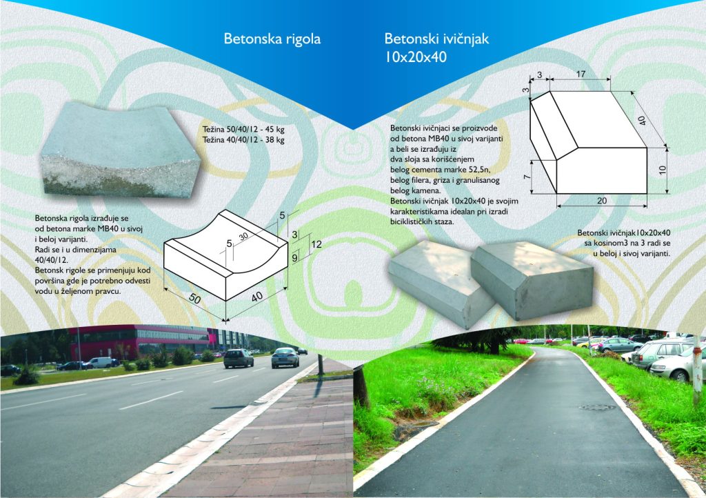 Leva strana slike: Betonska rigola dimenzija 50x40x12 tezine 45kg i dimenzija 40x40x12 tezine 38kg Desna strana slike: Betonski ivicnjak dimenzija 10x20x40 sa kosinom 3 na 3